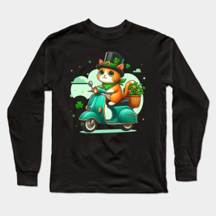 Celebrate St Patricks Day Day with a cute and colorful Cat on a Motorcycle design Long Sleeve T-Shirt